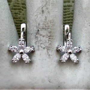 Russian Russia Solid 14K 585 White Gold CZ Cluster Flower Pierced Earrings